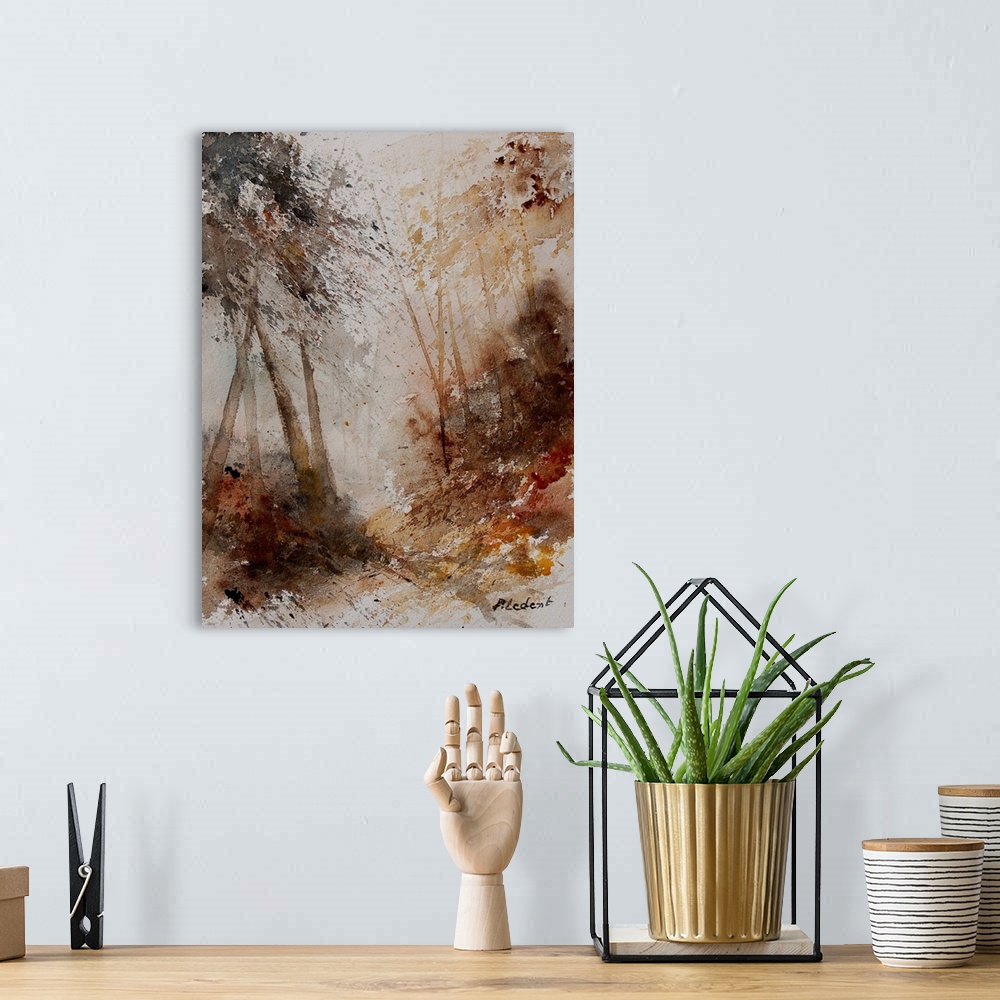 A bohemian room featuring A subdue watercolor painting of a path through a forest.