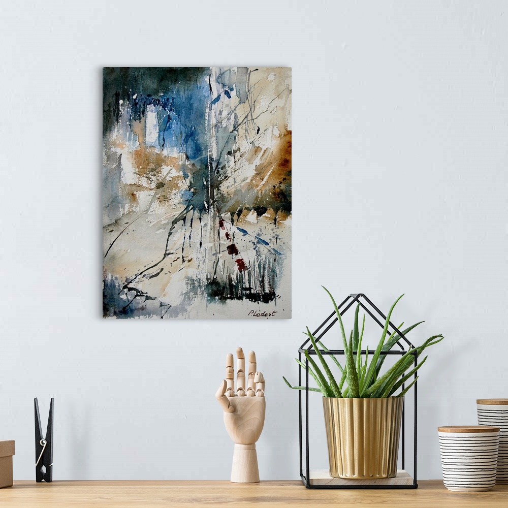 A bohemian room featuring A vertical abstract painting with muted colors of gray, brown and brown.