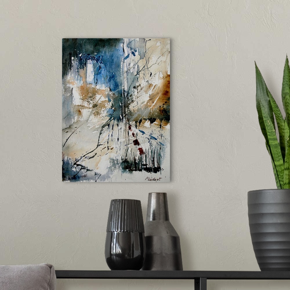 A modern room featuring A vertical abstract painting with muted colors of gray, brown and brown.