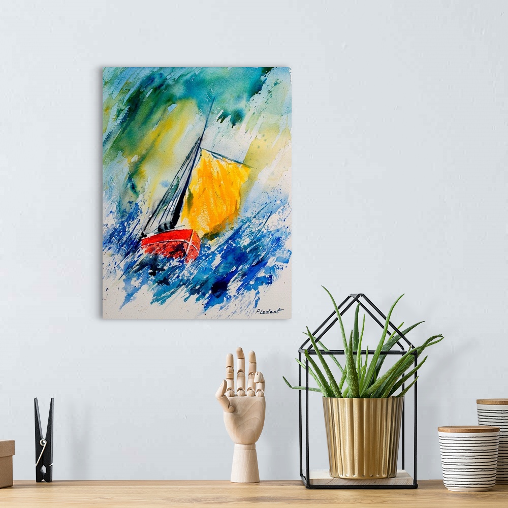 A bohemian room featuring A watercolor painting done in primary colors of a sailboat during rough winds.
