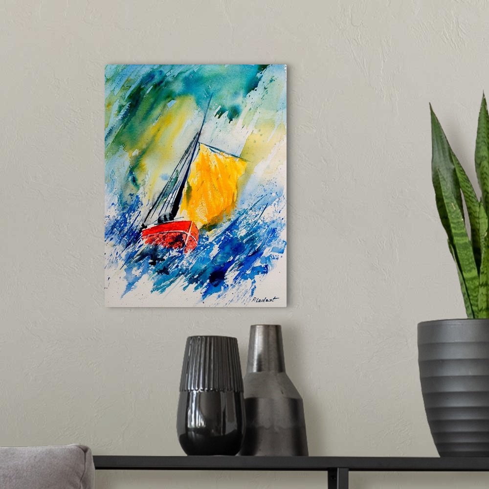 A modern room featuring A watercolor painting done in primary colors of a sailboat during rough winds.