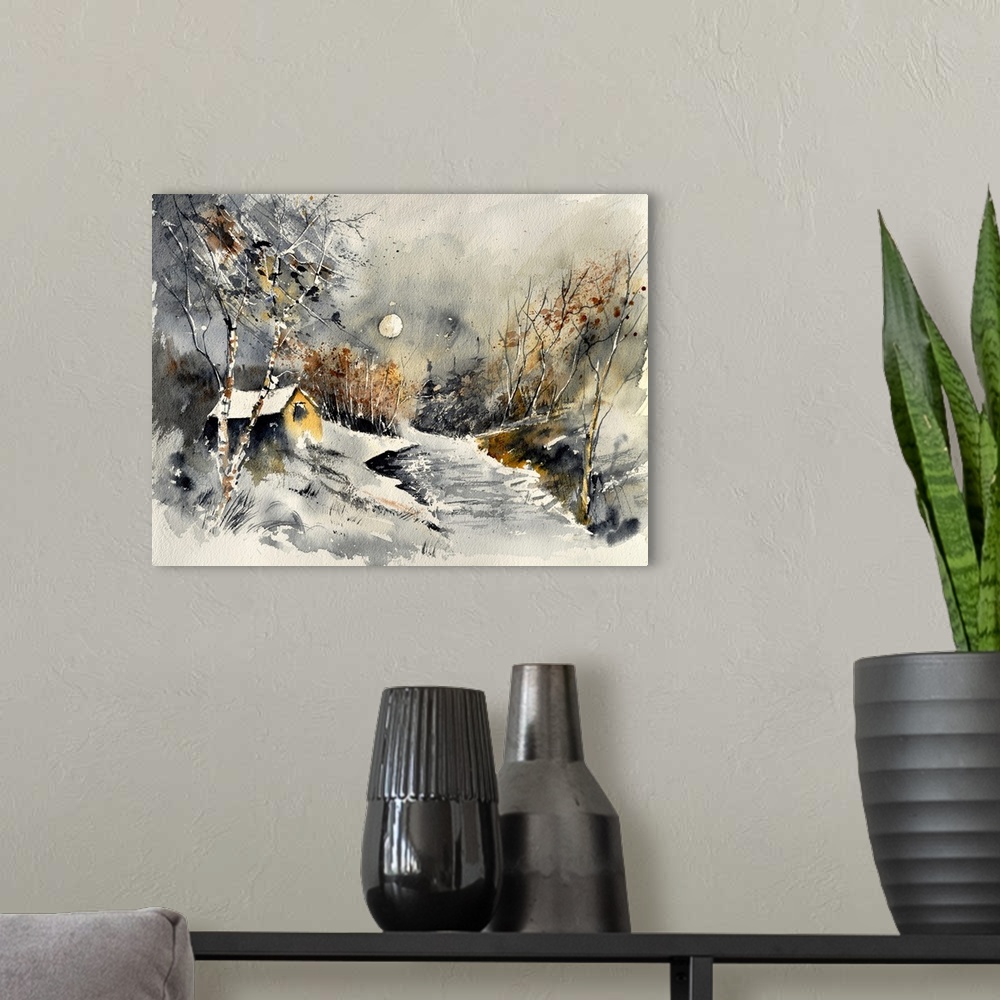 A modern room featuring A horizontal watercolor landscape of a small house next to a river with muted colors.