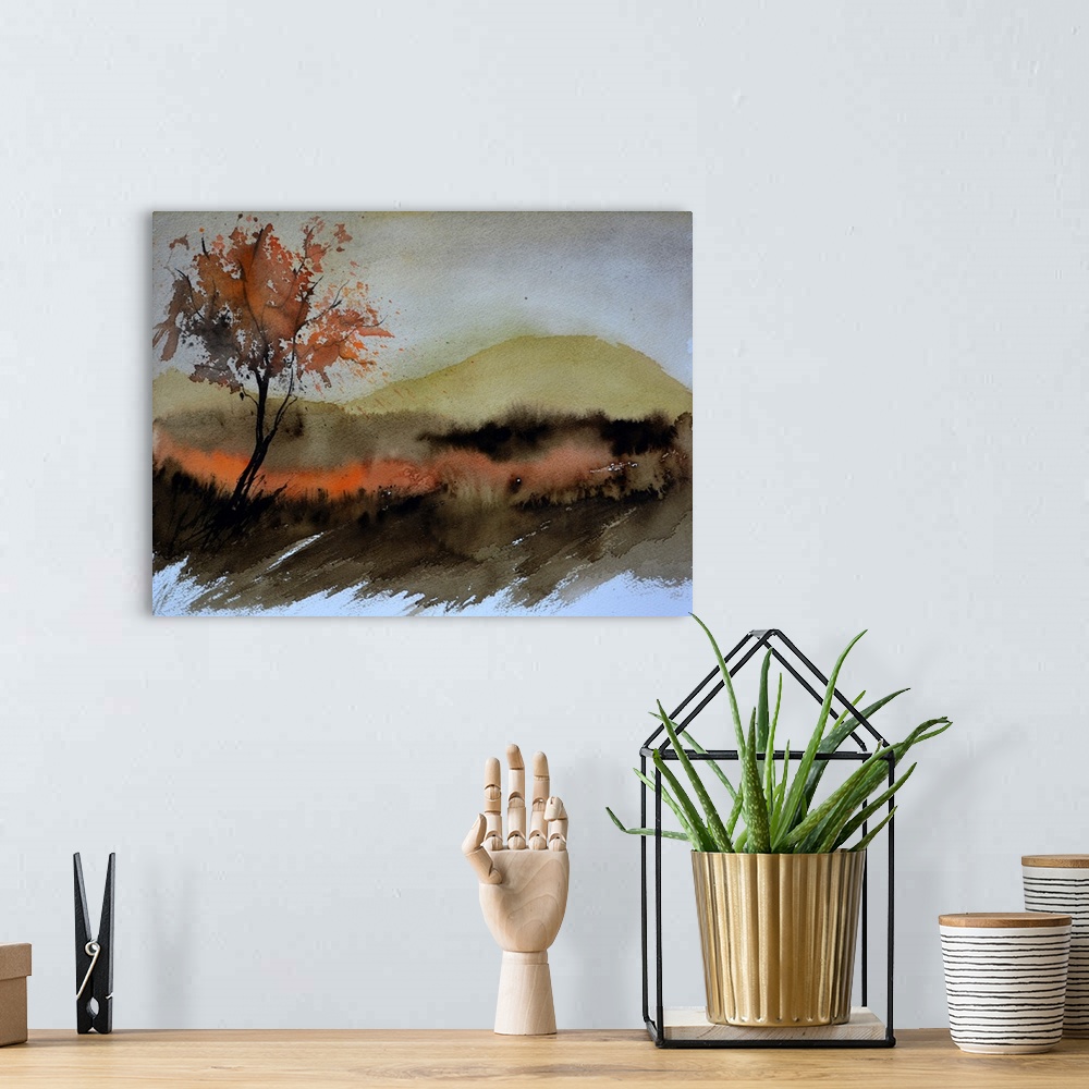 A bohemian room featuring A watercolor painting done in muted colors of a tree in a field with mountains in the background.