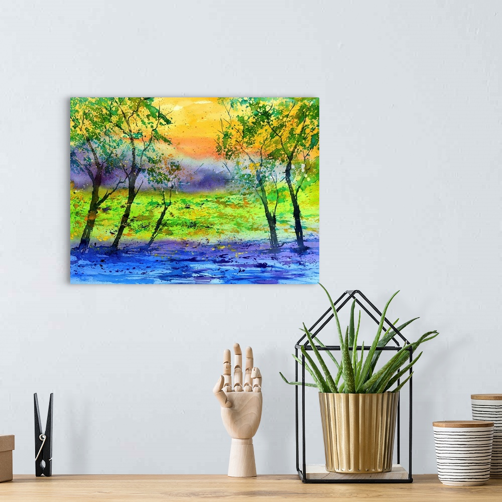 A bohemian room featuring Vibrant horizontal painting of green leaved trees, a colorful sky, and a bright blue river in the...