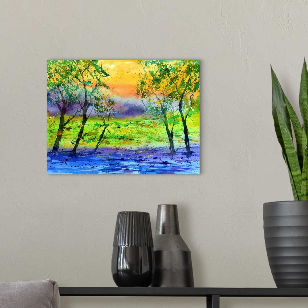 A modern room featuring Vibrant horizontal painting of green leaved trees, a colorful sky, and a bright blue river in the...