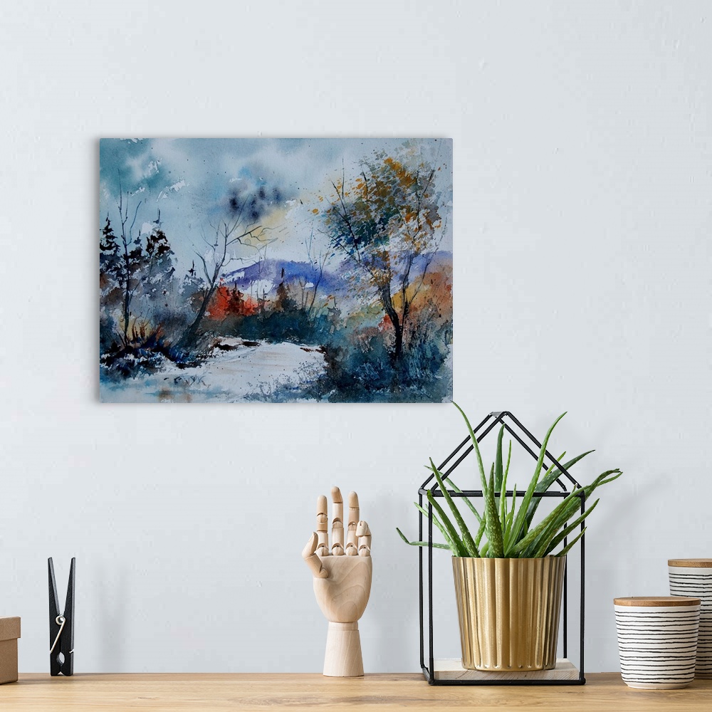 A bohemian room featuring A contemporary painting of a stream framed by trees in the countryside.