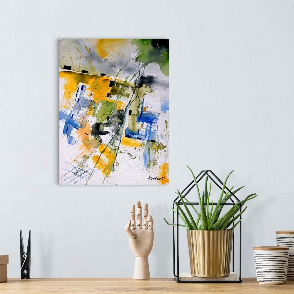 A bohemian room featuring A vertical abstract painting with vivid colors of green, yellow, and blue.