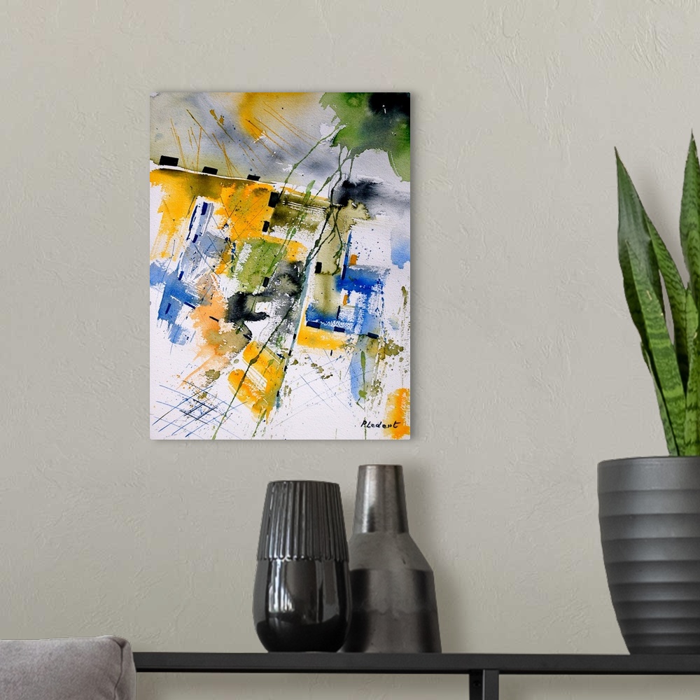 A modern room featuring A vertical abstract painting with vivid colors of green, yellow, and blue.
