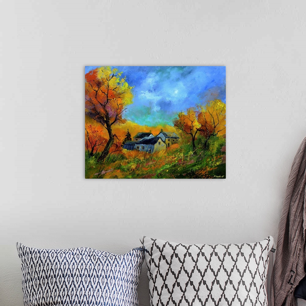 A bohemian room featuring Contemporary abstract painting of a landscape in autumn.