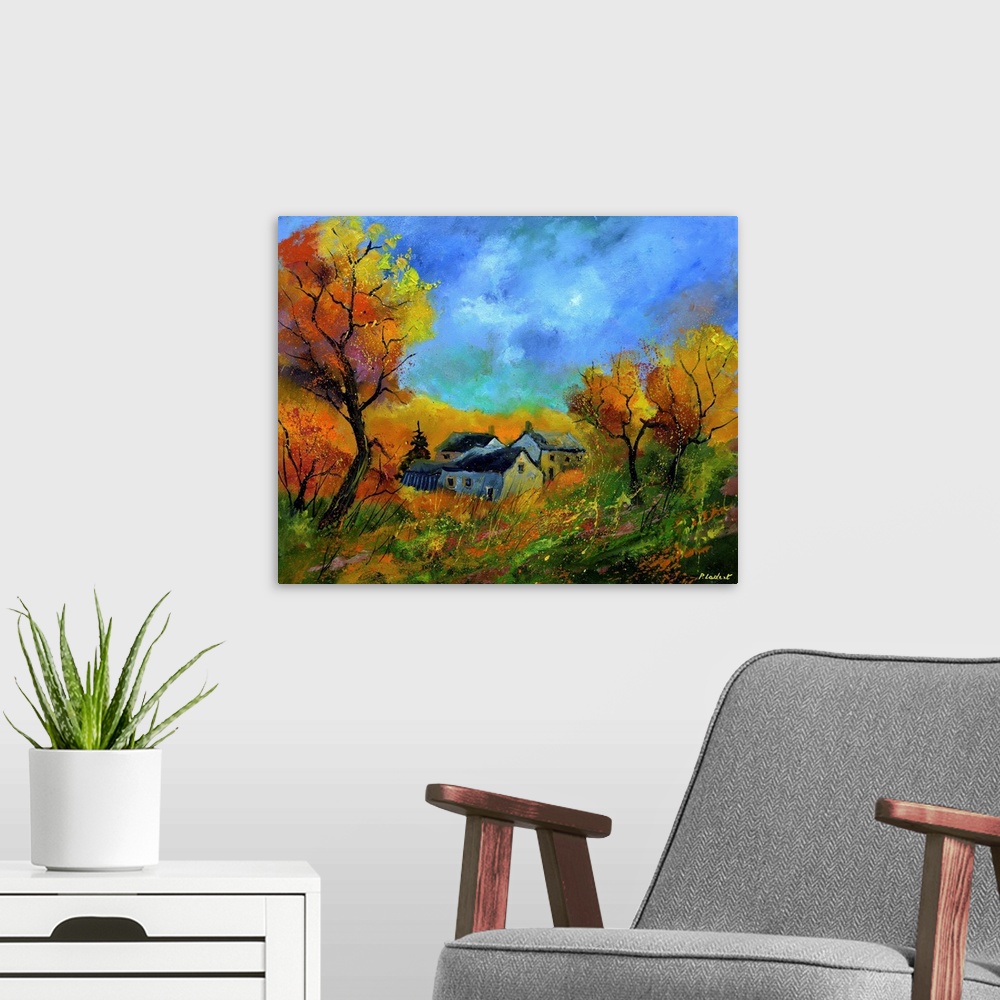 A modern room featuring Contemporary abstract painting of a landscape in autumn.