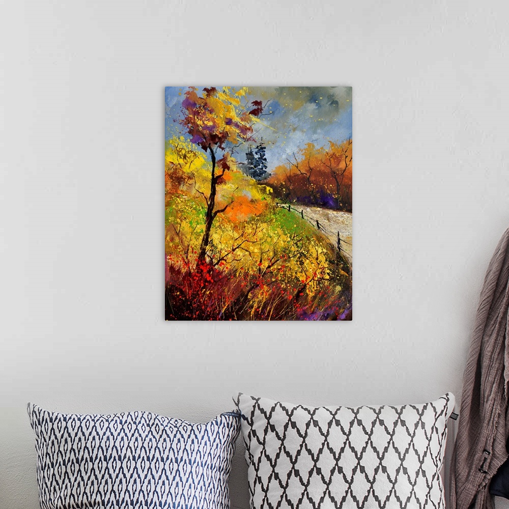 A bohemian room featuring Vertical painting of an Autumn landscape with orange and yellow flowers in a field along a countr...