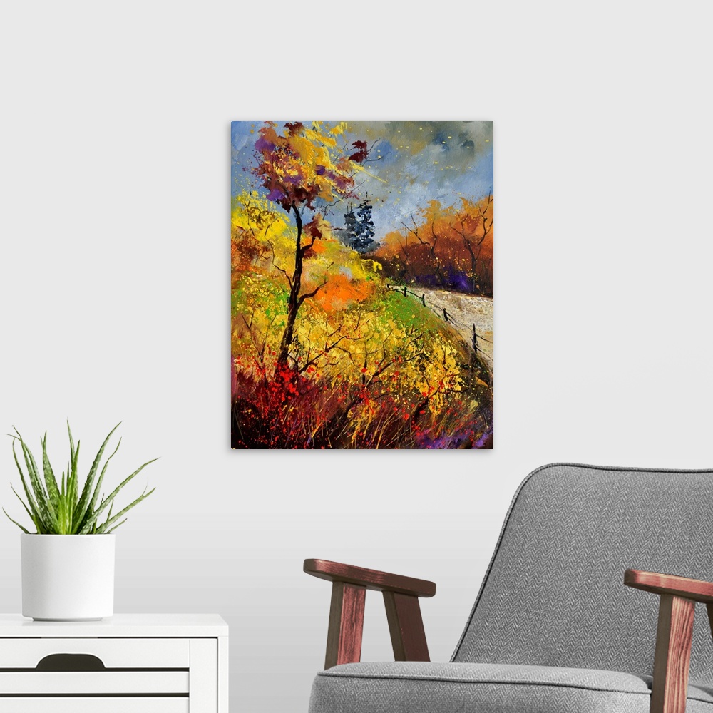 A modern room featuring Vertical painting of an Autumn landscape with orange and yellow flowers in a field along a countr...
