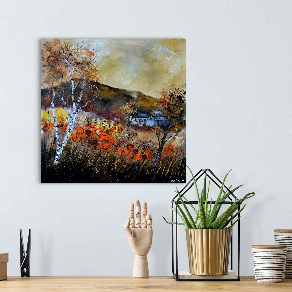 A bohemian room featuring Square painting of an Autumn landscape with orange and yellow flowers in the foreground and a Bel...