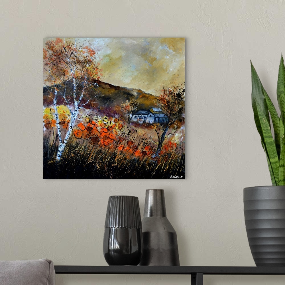 A modern room featuring Square painting of an Autumn landscape with orange and yellow flowers in the foreground and a Bel...