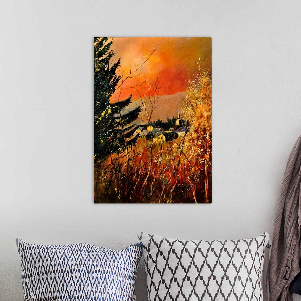 A bohemian room featuring Vertical painting of an Autumn landscape with orange and yellow flowers in the foreground and a b...