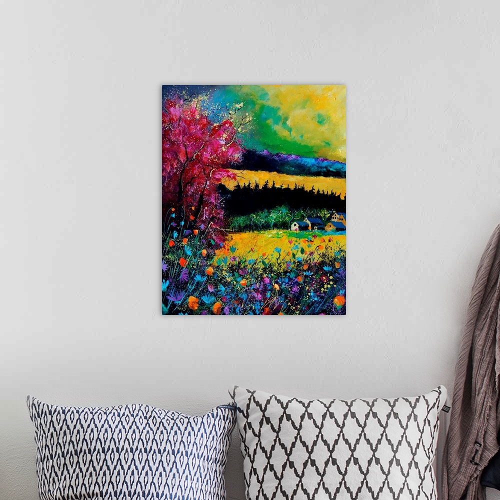A bohemian room featuring Vertical painting of a field of flowers on a fall day with splatters of multi-color paint overlap...