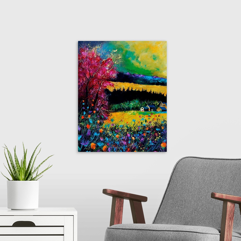 A modern room featuring Vertical painting of a field of flowers on a fall day with splatters of multi-color paint overlap...