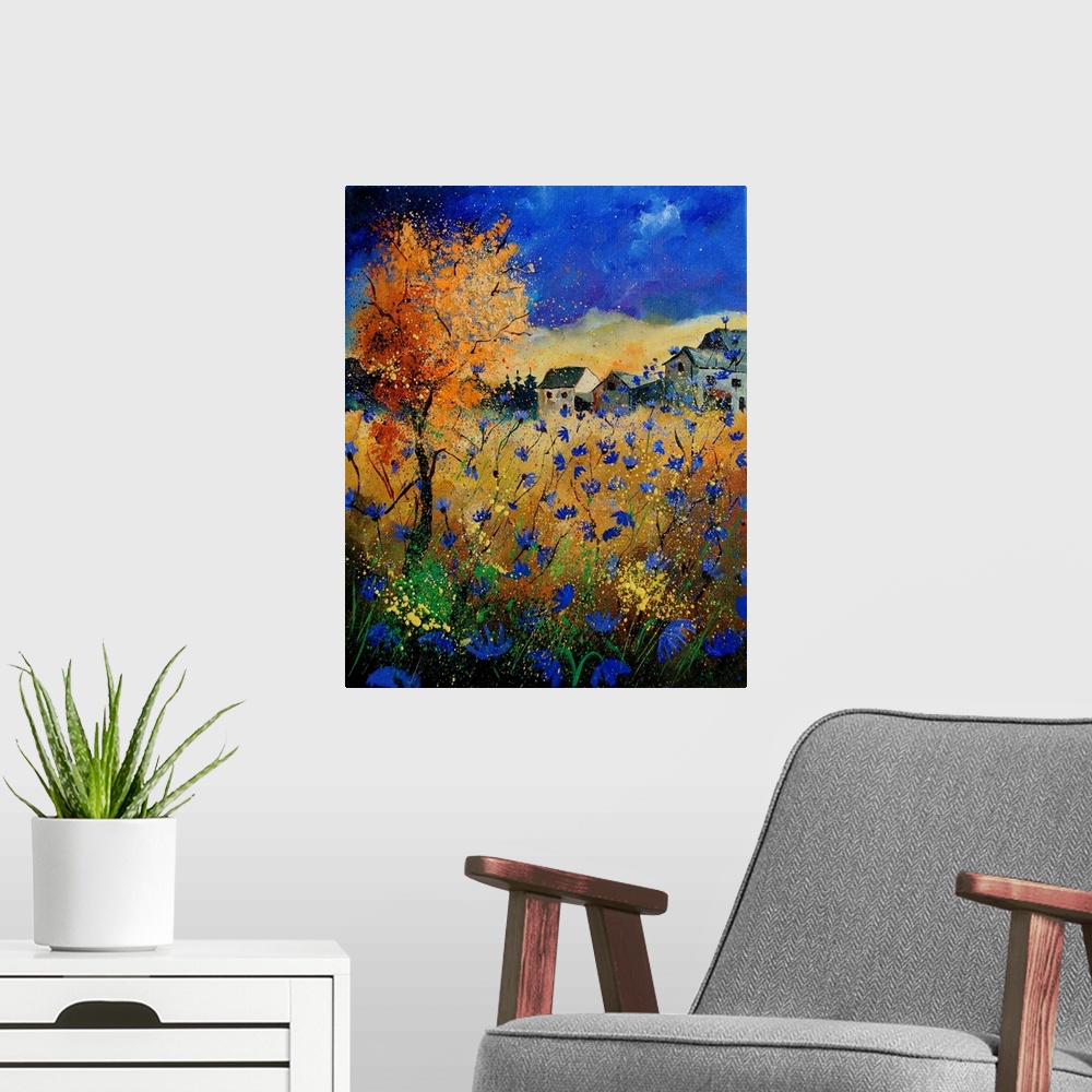 A modern room featuring A vertical abstract landscape of a field of blue flowers in front of a village.