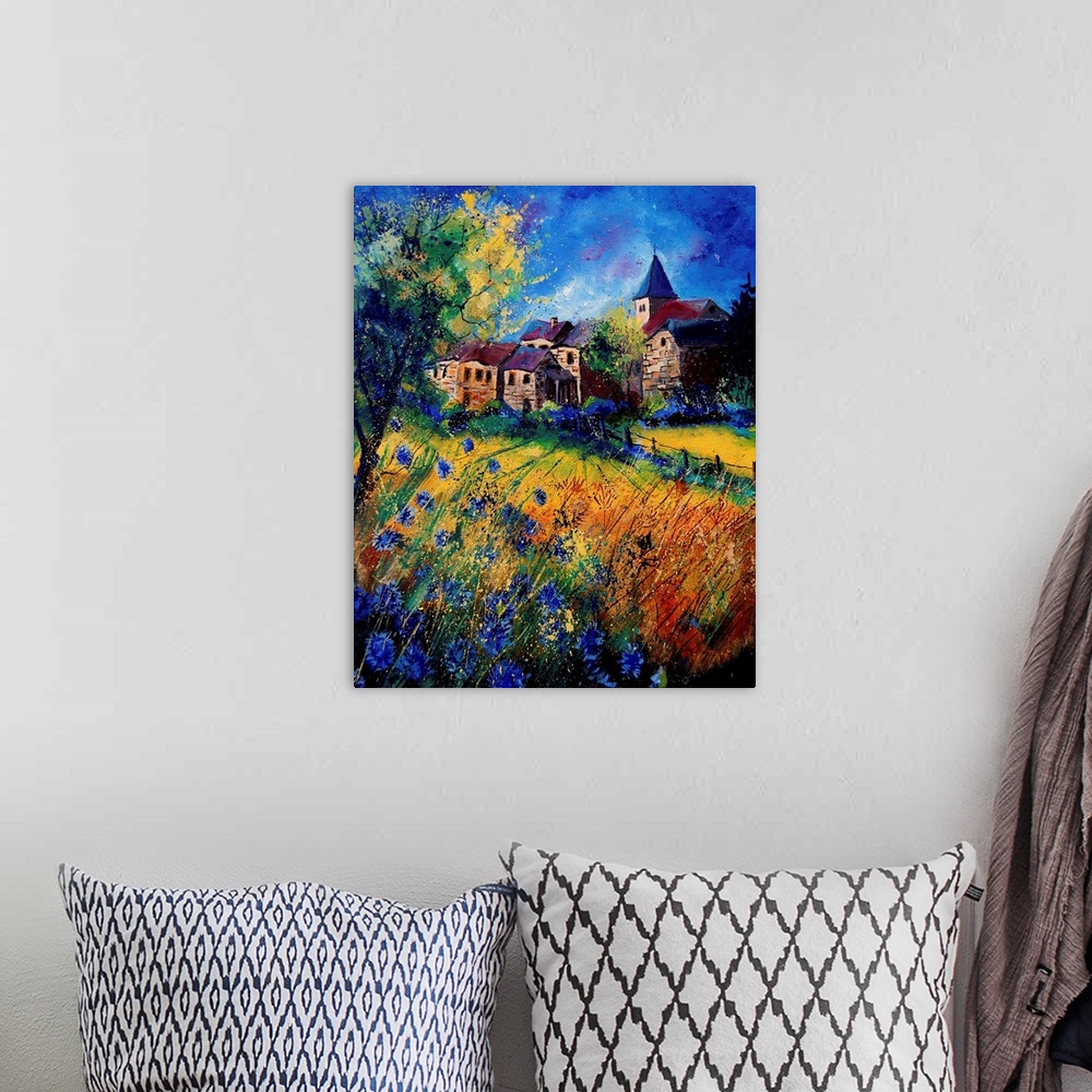 A bohemian room featuring A contemporary painting of Awayne with a filed of beautiful flowers in bloom.  Awagne is a Belgia...