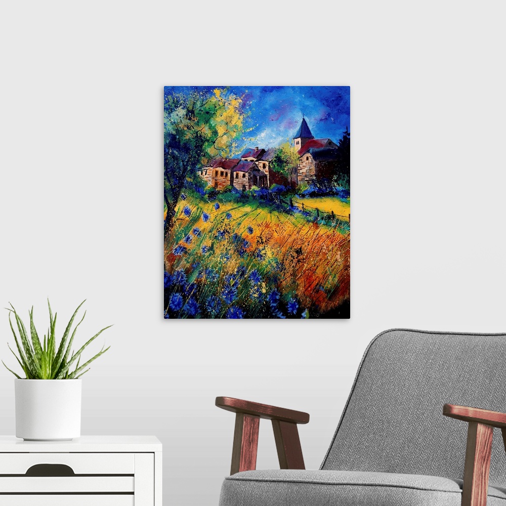 A modern room featuring A contemporary painting of Awayne with a filed of beautiful flowers in bloom.  Awagne is a Belgia...