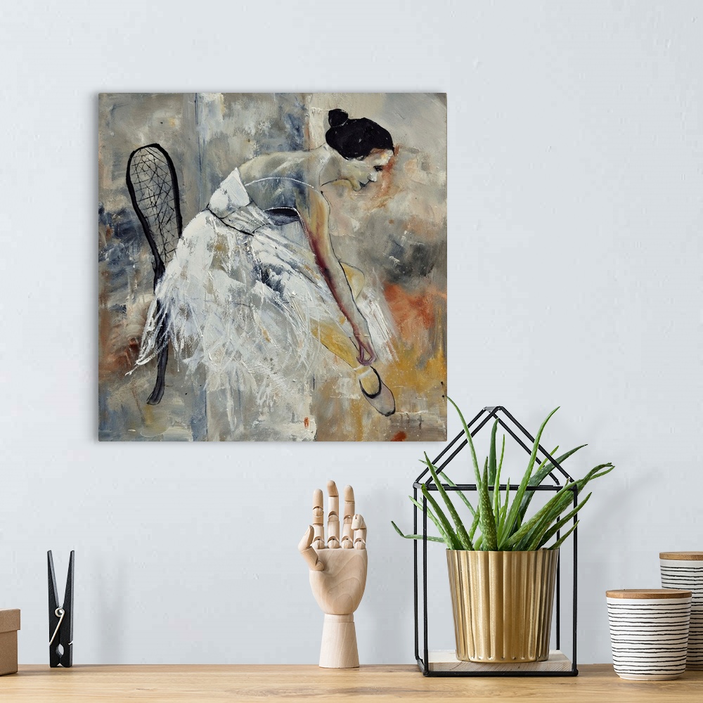 A bohemian room featuring Square painting of a ballerina putting on her shoes while sitting in a chair done in textured neu...