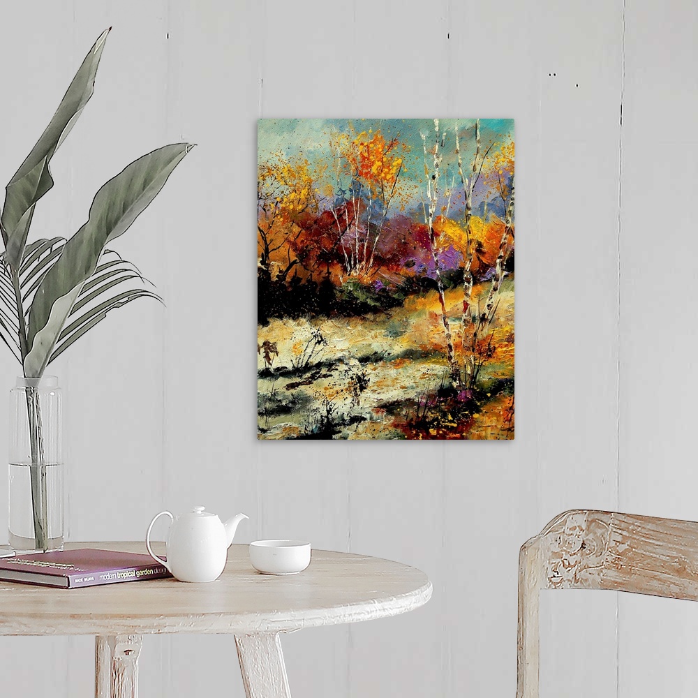 A farmhouse room featuring Vertical painting of a forest of colorful birch trees in the fall.