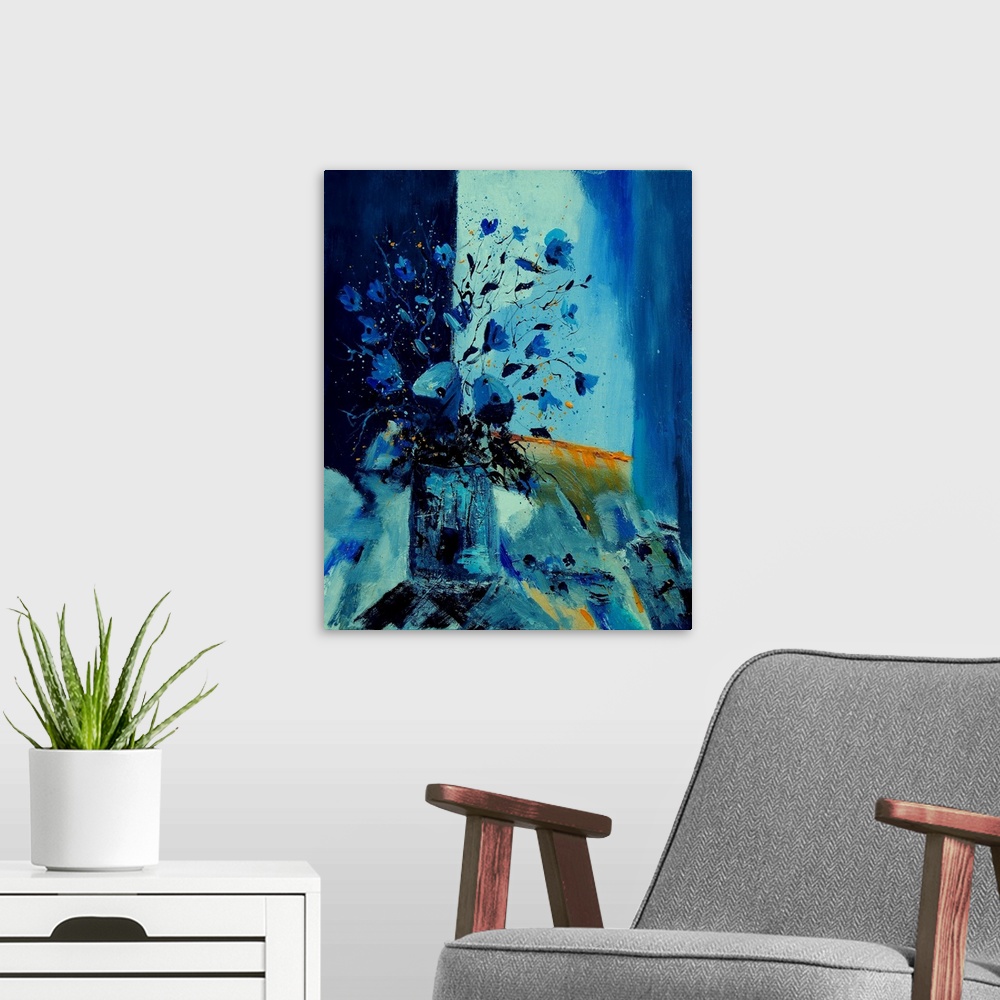 A modern room featuring Vertical painting of a vase of flowers in varies shades of blue tones.