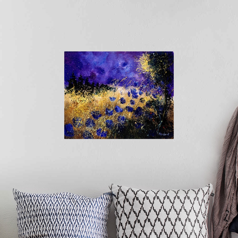 A bohemian room featuring Contemporary painting of a field of blue cornflowers along a tree with a vibrant purple sky.