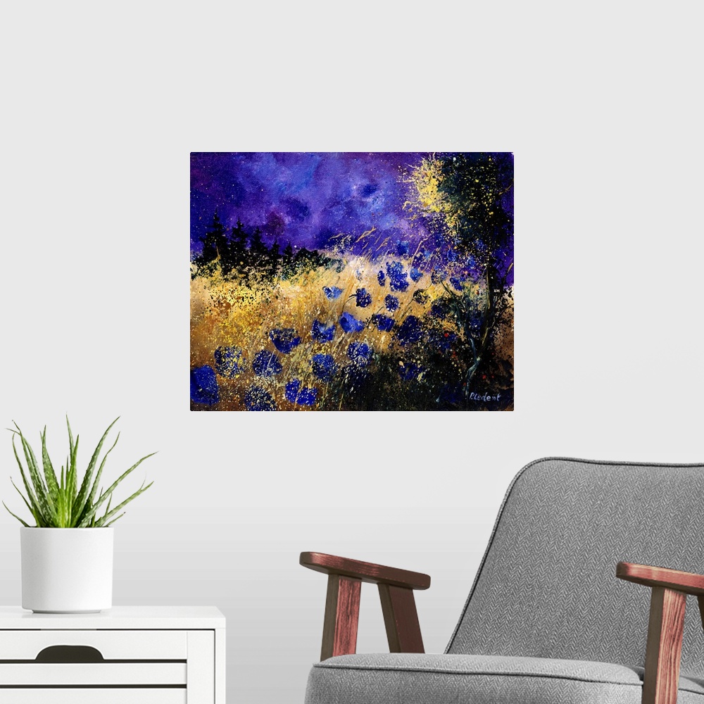 A modern room featuring Contemporary painting of a field of blue cornflowers along a tree with a vibrant purple sky.