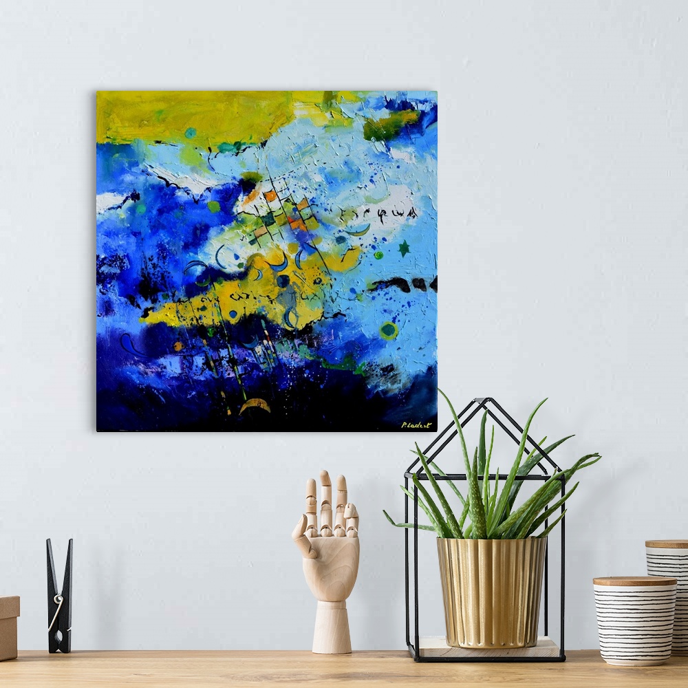 A bohemian room featuring Square abstract painting made with shades of blue, yellow, green, orange, black, and white with l...