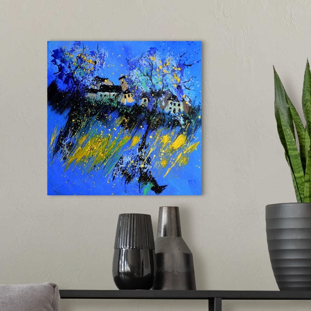 A modern room featuring Square abstract painting made in shades of blue, yellow and white with a small hint of pink repre...