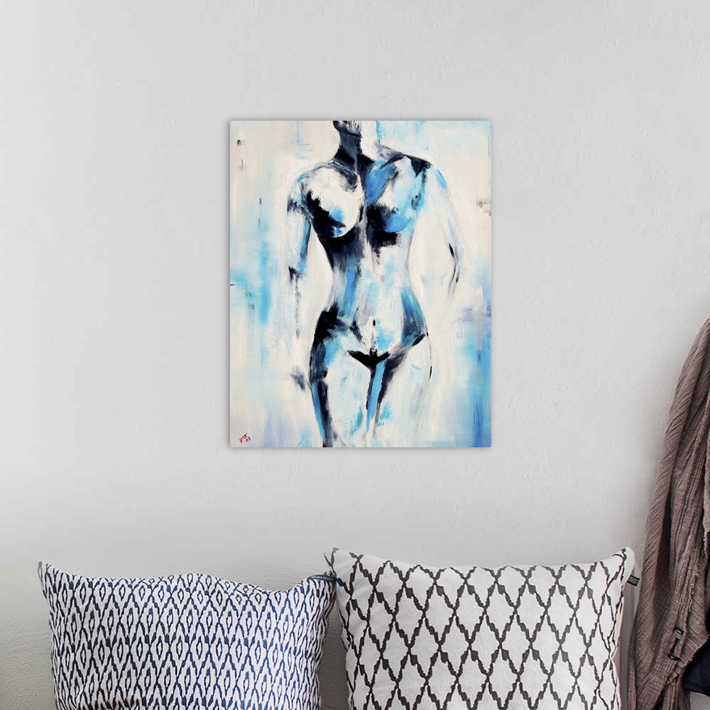 A bohemian room featuring Vertical painting of a nude woman from the neck down in textured shades of blue.