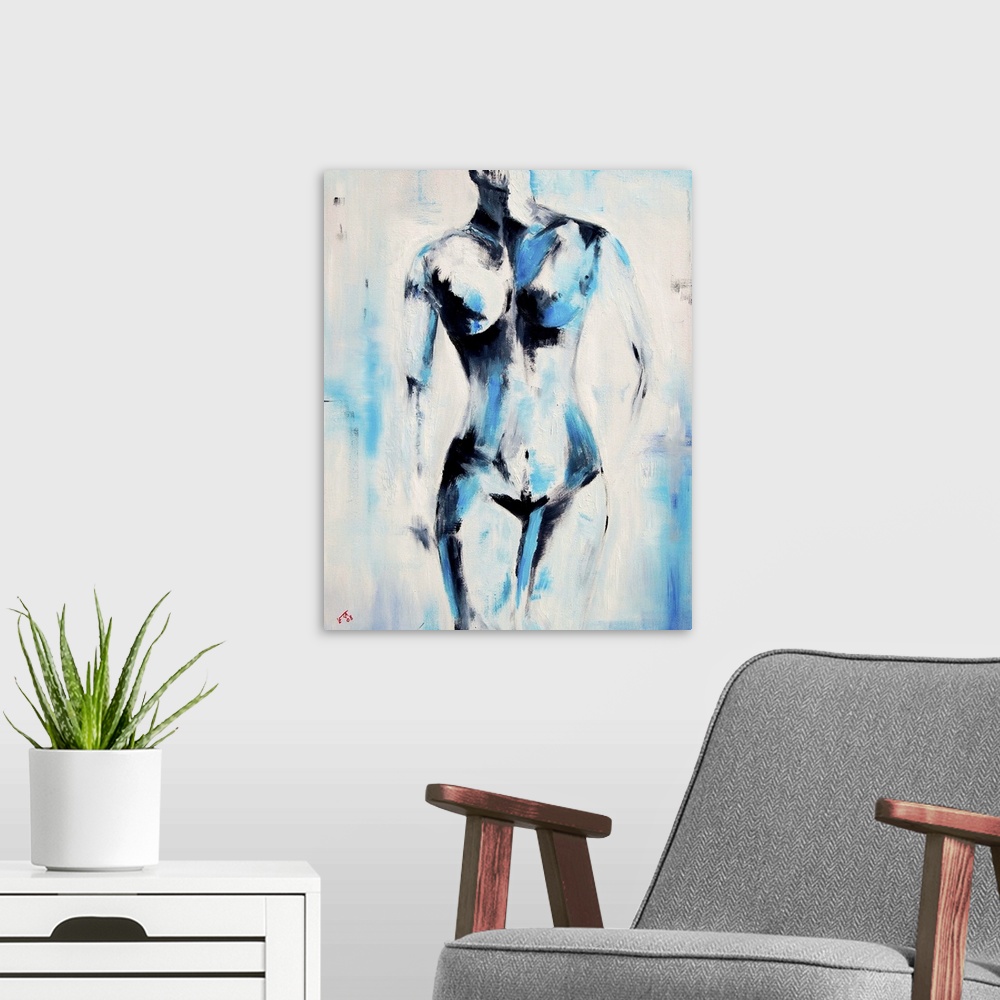 A modern room featuring Vertical painting of a nude woman from the neck down in textured shades of blue.