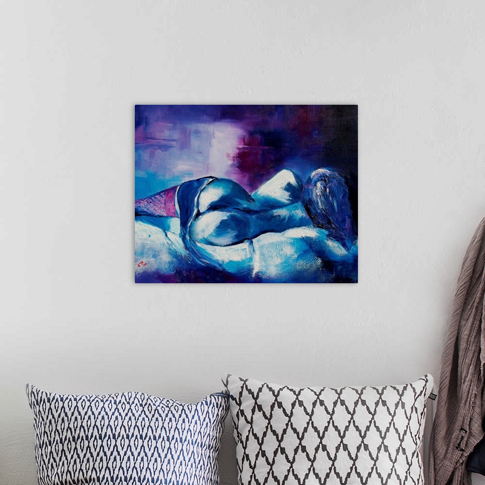 A bohemian room featuring Nude painting of a woman laying in bed done in cool shades of blue and purple.