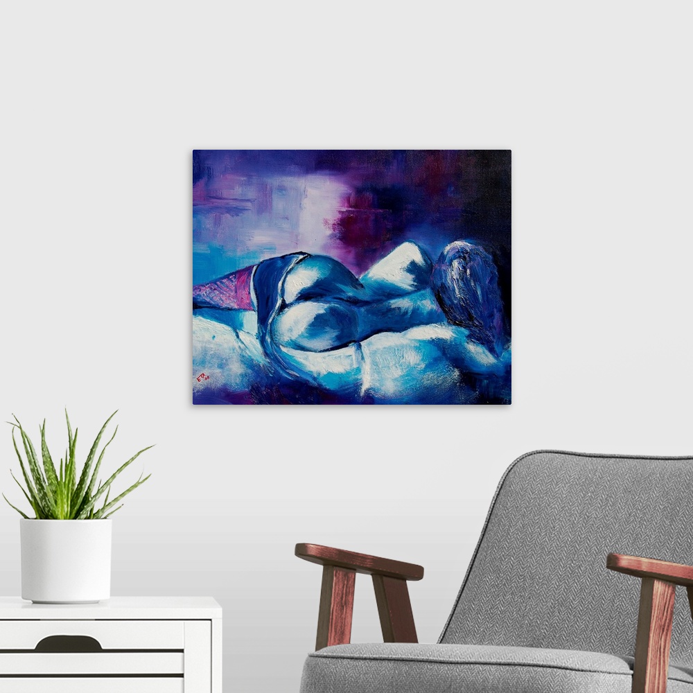 A modern room featuring Nude painting of a woman laying in bed done in cool shades of blue and purple.