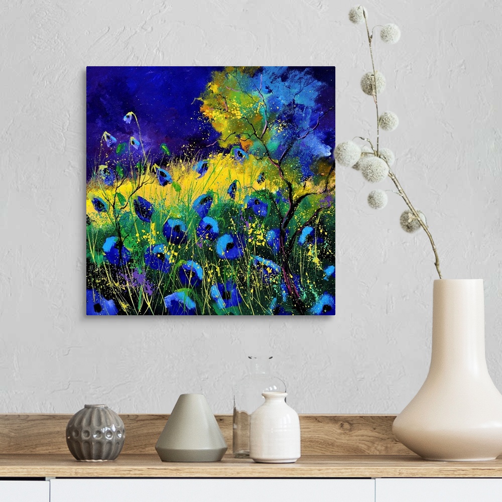 A farmhouse room featuring Vibrant painting of blue poppies in a filed with a dark sky.