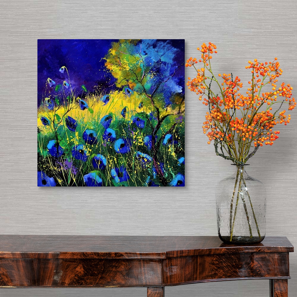 A traditional room featuring Vibrant painting of blue poppies in a filed with a dark sky.