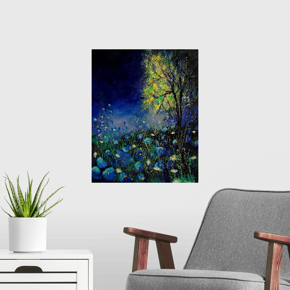 A modern room featuring Vertical painting of a field of blue poppies with a tree with splatters of multi-color paint over...