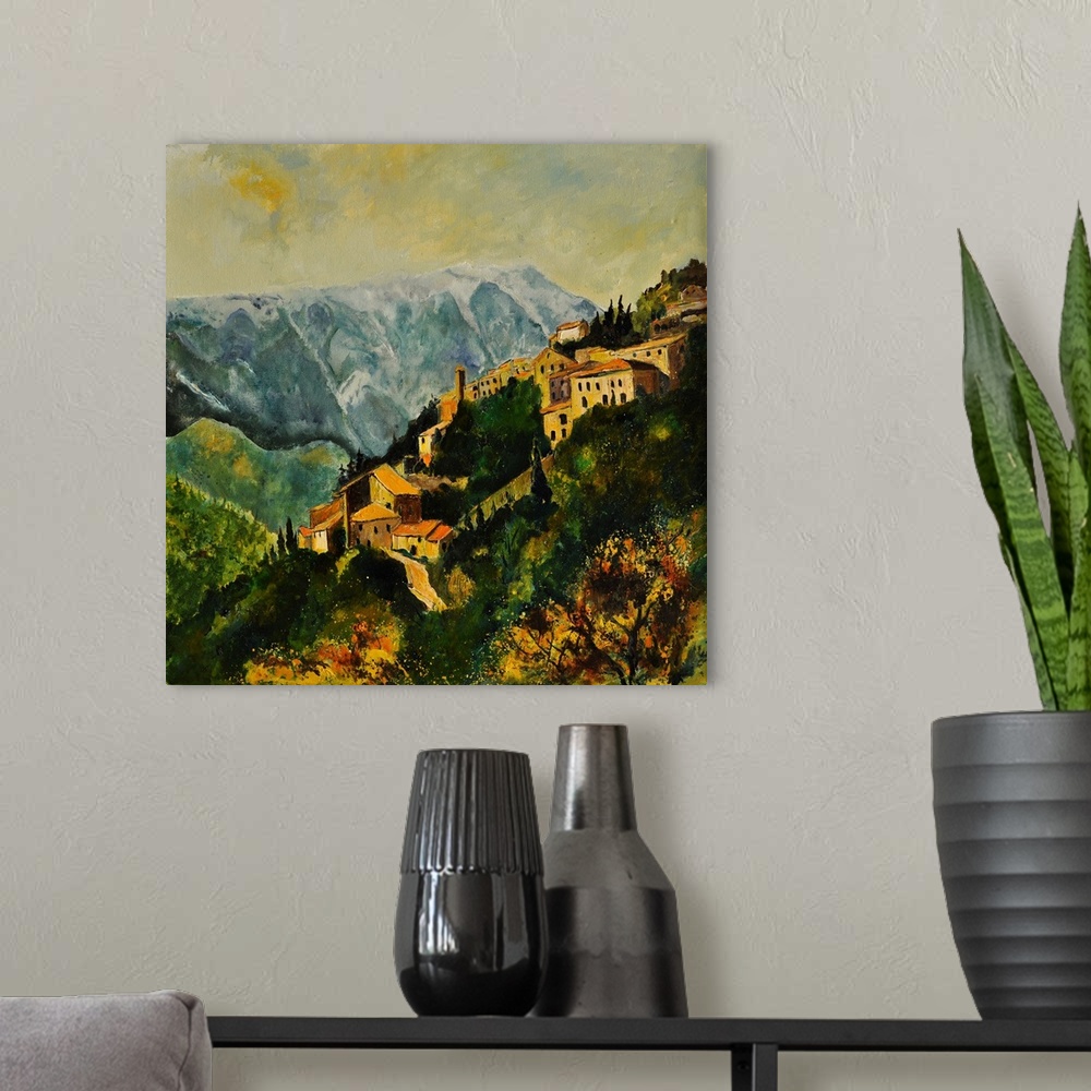 A modern room featuring Landscape painting of the village of Brantes in France on a hill side with mountains near by and ...