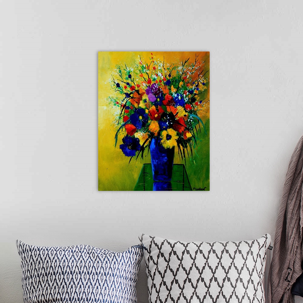 A bohemian room featuring Contemporary painting of a colorful bouquet of flowers in a blue vase on a green and yellow backg...