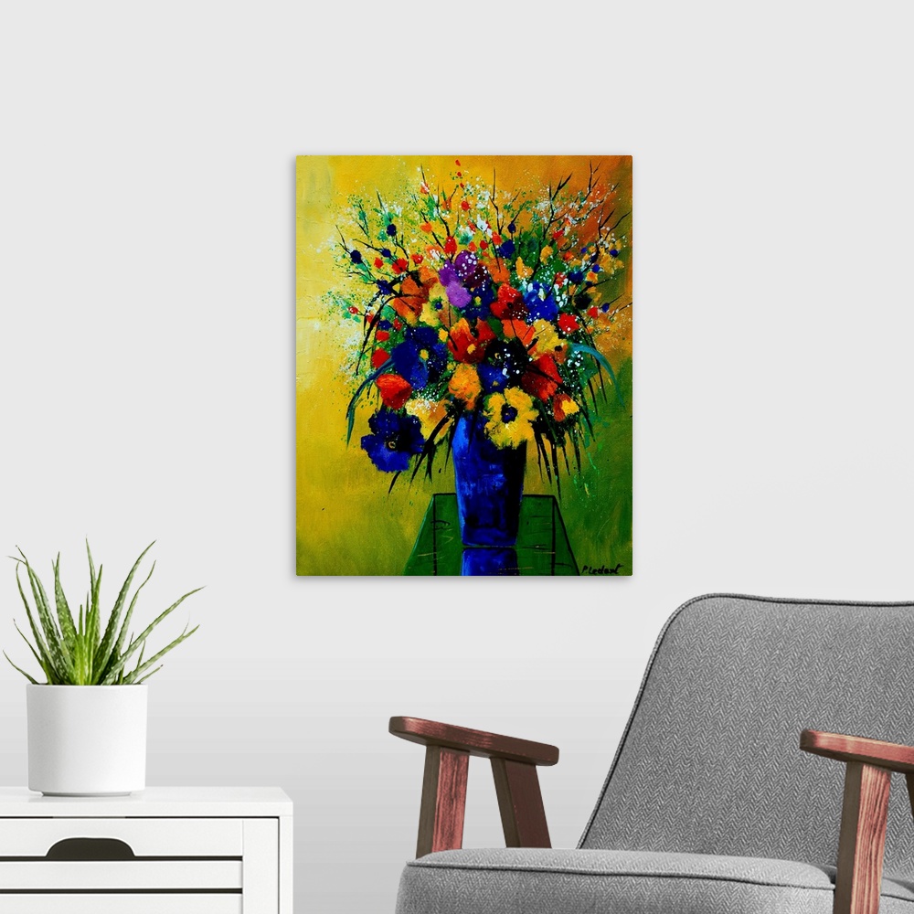 A modern room featuring Contemporary painting of a colorful bouquet of flowers in a blue vase on a green and yellow backg...