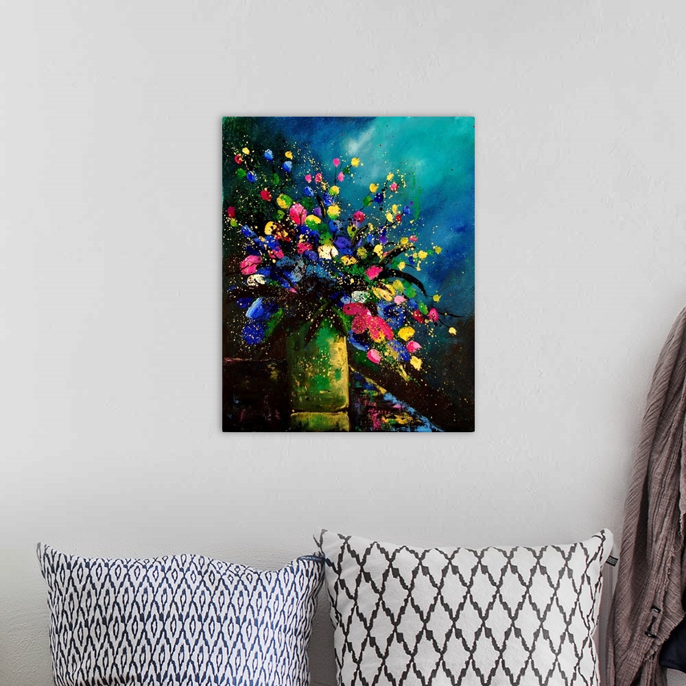A bohemian room featuring Vertical painting of a vase full of vibrant colored flowers against of blue and teal backdrop.