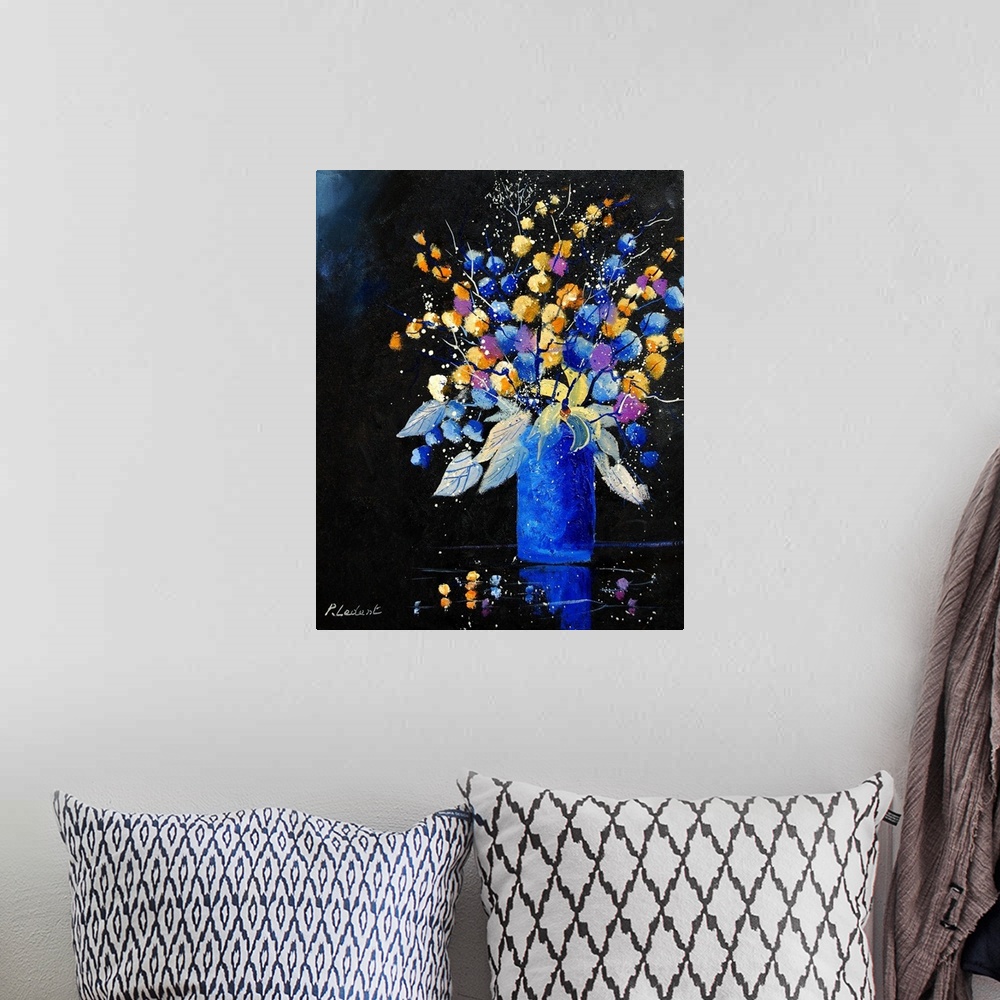 A bohemian room featuring Vertical painting of a bouquet of colorful flowers in a blue vase against a black backdrop.