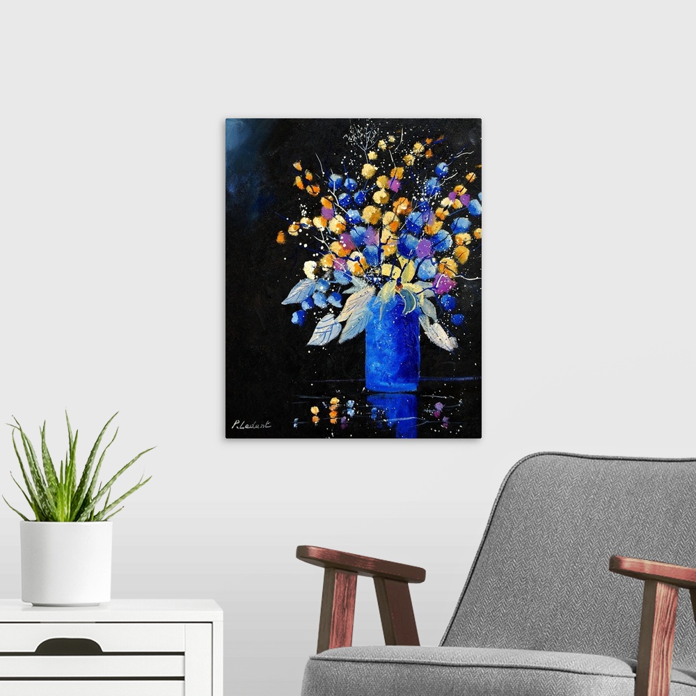 A modern room featuring Vertical painting of a bouquet of colorful flowers in a blue vase against a black backdrop.