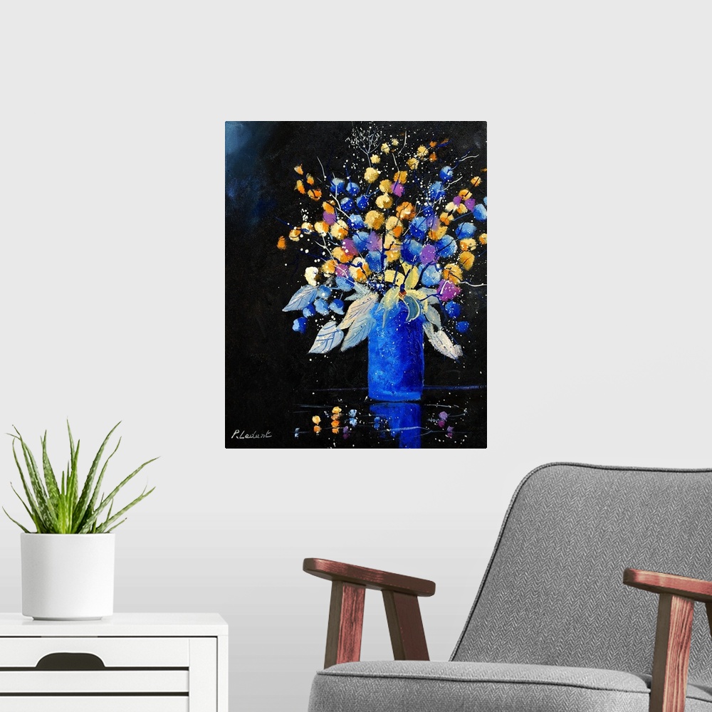 A modern room featuring Vertical painting of a bouquet of colorful flowers in a blue vase against a black backdrop.