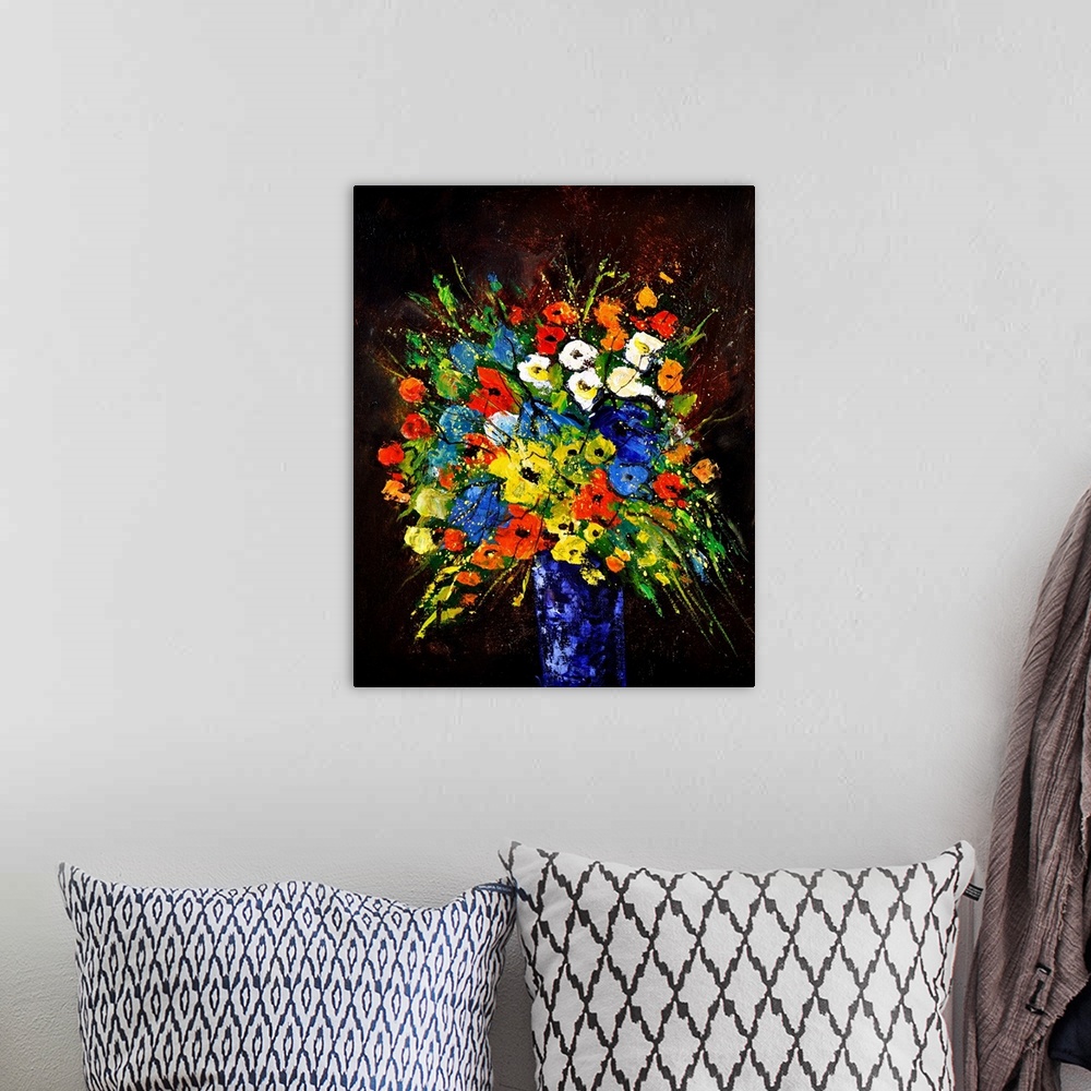 A bohemian room featuring Contemporary painting of a vase of multi-colored flowers against a black backdrop.