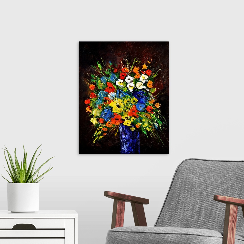 A modern room featuring Contemporary painting of a vase of multi-colored flowers against a black backdrop.