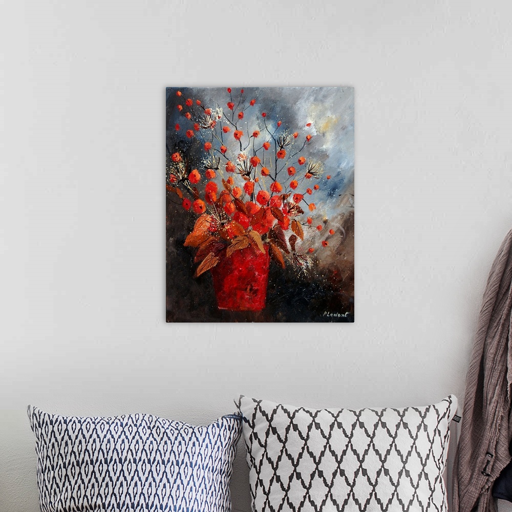 A bohemian room featuring Contemporary painting of a vase of red and white flowers against a neutral backdrop.