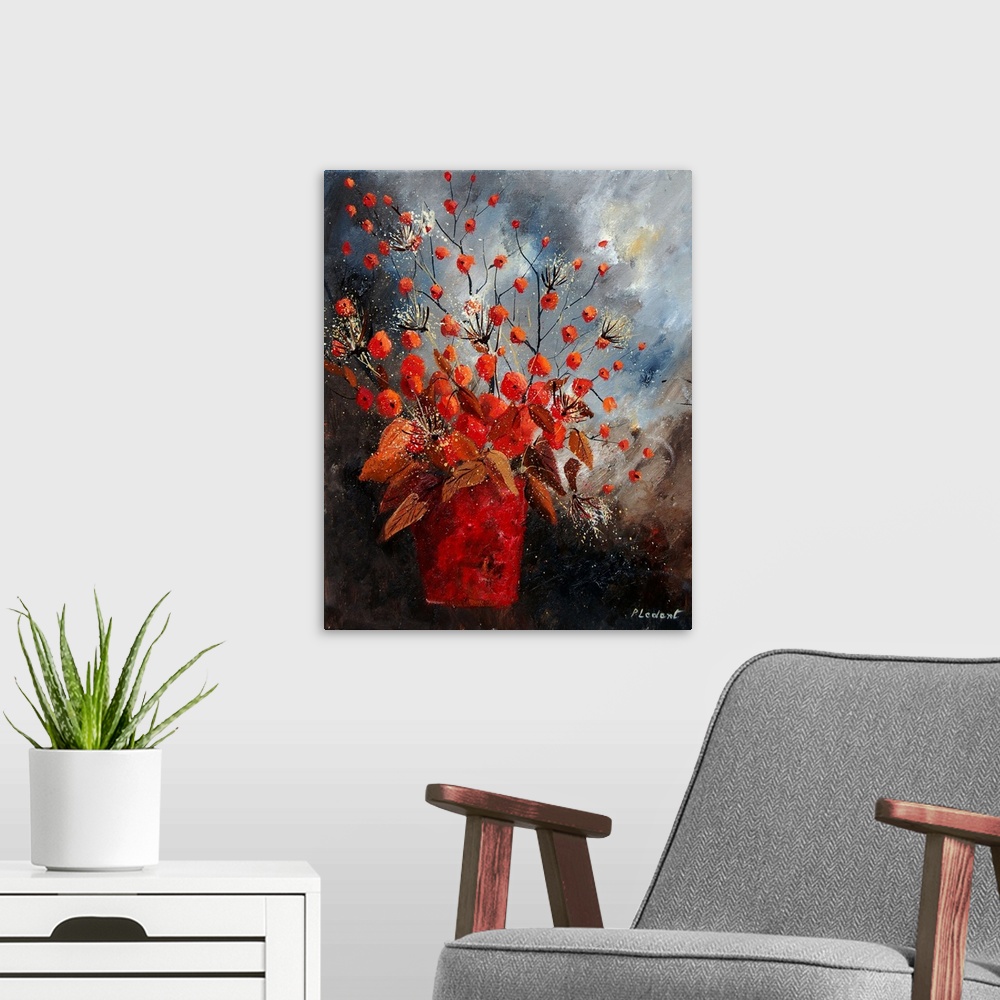 A modern room featuring Contemporary painting of a vase of red and white flowers against a neutral backdrop.