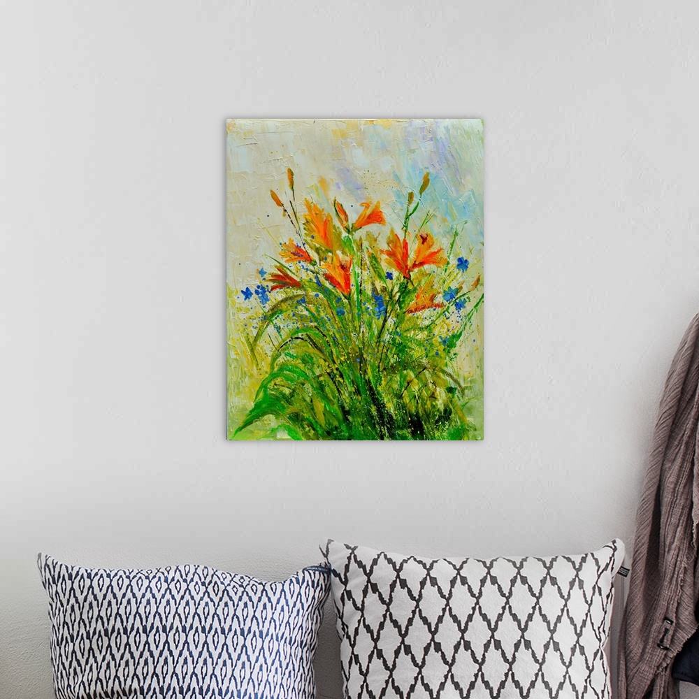 A bohemian room featuring Vertical watercolor painting of a bouquet of orange flowers against a pastel colored backdrop.